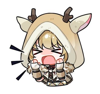 >_< 1girl animal_ear_hood antlers artist_request blonde_hair brown_arm_warmers brown_hood brown_horns brown_shirt chibi cloak cropped_torso fake_animal_ears fingerless_gloves forest_folk_(infinity_nikki) fringe_trim fur-trimmed_cloak fur-trimmed_hood fur_armlet fur_trim gloves gradient_hood hands_on_own_cheeks hands_on_own_face hood hood_up hooded_cloak horned_hood horns infinity_nikki nikki_(series) notice_lines official_art open_mouth shirt short_hair shouting solo transparent_background turtleneck turtleneck_shirt v-shaped_eyebrows white_cloak white_gloves