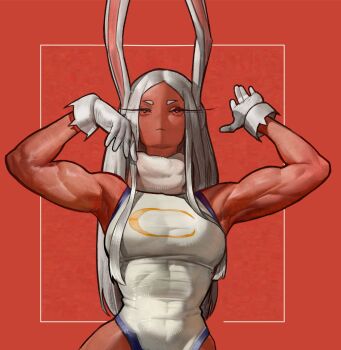 1girl animal_ears armpits arms_up bare_shoulders biceps boku_no_hero_academia breasts closed_mouth covered_abs covered_navel crescent_print dark-skinned_female dark_skin fur_collar gloves hands_up highleg highleg_leotard highres large_breasts leotard long_eyelashes long_hair looking_at_viewer mirko parted_bangs rabbit_ears rabbit_girl red_background red_eyes solo taut_leotard the_antin toned toned_female upper_body very_long_hair white_gloves white_hair white_leotard