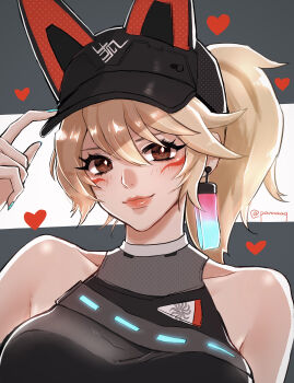 1girl absurdres animal_ears artist_name bare_shoulders baseball_cap blonde_hair blue_nails breasts brown_eyes crop_top earrings facial_mark fox_ears hat heart highres jewelry kiriko_(overwatch) looking_at_viewer official_alternate_costume overwatch pannaaq ponytail single_earring streetwear_kiriko