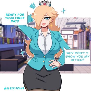 alexndraws black_skirt blonde_hair blue_jacket breasts commentary crown earrings english_commentary english_text hand_on_own_hip highres jacket jewelry large_breasts lipstick long_hair makeup mario_(series) mini_crown nintendo office office_lady pantyhose pink_lips rosalina shirt skirt sparkle star_(symbol) star_earrings white_shirt