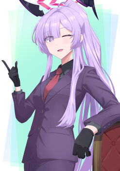 1girl absurdres alternate_costume black_gloves black_pants black_shirt blue_archive bright_pupils chair collared_shirt commentary_request eyes_visible_through_hair formal_clothes gloves hair_over_one_eye halo hand_up highres jacket lapels leaning_on_object long_hair long_sidelocks looking_at_viewer m1i_i109 mechanical_ears necktie notched_lapels one_eye_closed pants ponytail purple_eyes purple_hair purple_jacket purple_suit red_halo red_necktie shirt sidelocks smile solo suit suit_jacket utaha_(blue_archive)