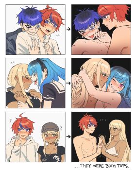 Rule 34 | 2boys, 2girls, amemiya darumi, babykatafan, bisexual female, bisexual male, black hair, black hat, blonde hair, blue hair, blush, bra, comic, dark-skinned female, dark skin, earrings, english text, eyepatch, grabbing from behind, hat, highres, holding hands, hood, hoodie, jewelry, kawana tsubasa, last defense academy school uniform, multicolored hair, multiple boys, multiple girls, nude, omokage yugamu, one eye closed, piercing, polyamory, red hair, sex, sumino takumi, the hundred line -last defense academy-, tongue, tongue out, turning head, twintails, underwear, white bra, white hoodie, yaoi, yuri