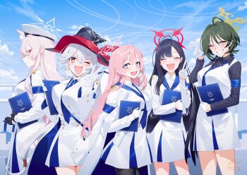 Rule 34 | 5girls, akira (blue archive), alternate costume, animal ear fluff, animal ears, armband, black gloves, black hair, blew andwhite, blue archive, brown halo, cane, cat ears, cat girl, closed eyes, coat, coat on shoulders, colored eyelashes, commentary request, dress, eri (blue archive), fuyu (blue archive), gloves, green hair, hair bun, hair ornament, hairclip, halo, hand on cane, hat, highres, holding, holding cane, ichika (blue archive), long hair, looking at viewer, low wings, mimori (blue archive), mole, mole on cheek, multiple girls, necktie, one eye closed, pink hair, pink halo, purple armband, purple necktie, red halo, schale logo, side halo, sideways glance, single side bun, smile, tilted halo, two-sided fabric, two-sided headwear, v, white coat, white dress, white eyelashes, white gloves, wings, witch hat, wolf cut, yellow halo