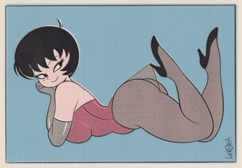 1girl ass bare_shoulders black_eyes black_hair black_shoes blush blush_stickers breasts commentary elbow_gloves english_commentary feet_up full_body gloves high_heels highres hooked_on_heel jucika jucika_(comic) lace_pantyhose lace_pantyhose_hooked_on_heel_(meme) large_breasts leotard lockster2c02 looking_at_viewer lying medium_breasts meme on_stomach pantyhose_tug shoes short_hair signature smile solo strapless strapless_leotard the_pose thick_thighs thighs toon_(style)