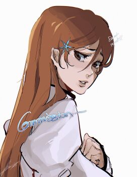 1girl artist_name bleach brown_eyes commission female_focus hair_ornament hands_on_own_chest highres inoue_orihime itsalpha lips long_hair orange_hair parted_lips puffy_sleeves simple_background snowflake_hair_ornament teeth upper_body white_background