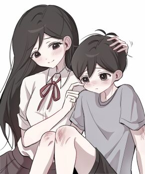 1boy 1girl aged_down alternate_costume antenna_hair black_eyes black_hair black_shorts blush brother_and_sister closed_mouth collared_shirt dark_skin double-parted_bangs grey_shirt hair_between_eyes hand_on_another&#039;s_head hashtag-only_commentary highres long_hair mari_(faraway)_(omori) mari_(omori) omori scraped_knee shirt short_hair short_sleeves shorts siblings simple_background smile sunny_(omori) t-shirt tears white_background white_shirt wiping_tears wktdms1