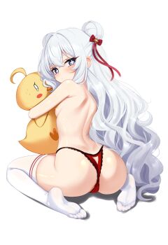 1girl :/ absurdres ass azur_lane blue_eyes blush bow breasts closed_mouth commentary cross-shaped_pupils double_bun feet from_behind grey_hair hair_bow hair_bun highleg highleg_panties highres kiari_art le_malin_(azur_lane) loli long_hair looking_at_viewer looking_back manjuu_(azur_lane) nipples no_shoes panties red_bow red_panties seiza simple_background sitting small_breasts soles solo symbol-shaped_pupils thighhighs thong toes topless_female underwear very_long_hair white_background white_thighhighs