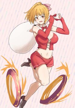 1girl bare_shoulders bow braid breasts cleavage clothing_cutout commentary_request crop_top cross-laced_clothes cross-laced_cutout crown_braid elbow_gloves gloves hair_ribbon high_heels highres holding holding_sack large_breasts leg_up minorun9 navel nue_no_onmyouji open_mouth ponytail red_gloves red_shirt red_shorts ribbon sack santa_costume shirt short_ponytail short_shorts shorts smile solo suo_kazusa