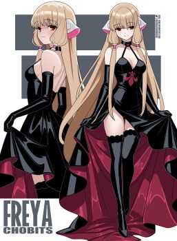 Rule 34 | 1girl, absurdres, alternate costume, backless outfit, black dress, black gloves, black thighhighs, breasts, brown eyes, brown hair, character name, chobits, clothes lift, commentary, copyright name, dress, dress lift, elbow gloves, english commentary, fleur-de-lis, freya (chobits), gloves, highres, long hair, medium breasts, nico-neko, smile, solo, thighhighs, very long hair