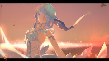 1girl absurdres armlet artist_logo blue_hair blue_veil breasts commentary dress english_commentary evening highres jewelry letterboxed logo long_hair looking_at_viewer medium_breasts purple_eyes qurami shorekeeper_(wuthering_waves) sleeveless sleeveless_dress solo two-tone_veil upper_body veil white_dress white_veil wuthering_waves