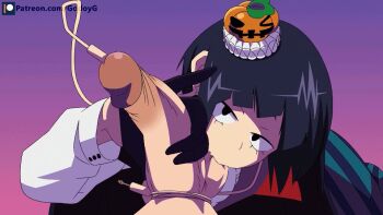 1boy 1girl animated animated_gif artist_name black_eyes black_gloves black_hair blunt_bangs boku_no_hero_academia clothed_sex earrings felipe_godoy gloves gradient_background hair_ornament halloween handjob hat hetero jewelry jiro_kyoka looking_at_viewer looping_animation mini_hat nude oral penis pinky_out pov pumpkin pumpkin_hat purple_background purple_hair short_hair sounding star_(symbol) star_earrings testicle_sucking testicles uncensored urethral_insertion watermark