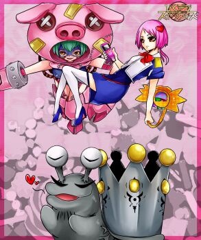 Rule 34 | animal costume, cho-hakkaimon, closed eyes, costume, crown, digimon, digimon (creature), digivice, heart, high heels, highres, looking at viewer, mask, pig costume, pixiv user (6616299), platinumnumemon, ribbon, swimsuit