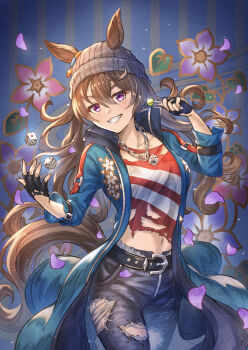 1girl animal_ears beanie belt black_gloves black_pants brown_hair closed_mouth coat cowboy_shot denim dice dice_necklace ears_through_headwear fingerless_gloves flower gloves grey_hat grin hat highres horse_ears horse_girl horse_tail jeans jewelry long_hair long_sleeves midriff nakayama_festa_(umamusume) navel necklace open_clothes open_coat pants petals purple_eyes red_shirt shadow shirt smile solo tail thumb_in_pocket torn_clothes torn_jeans torn_pants torn_shirt umamusume yakkuro
