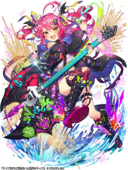 1girl :d ahoge asymmetrical_legwear bat_hair_ornament black_jacket boots copyright_name cropped_shirt dygy electric_guitar full_body garter_straps guitar hair_ornament holding holding_guitar holding_instrument holding_plectrum instrument jacket knee_boots kt._(kaisou-notagui) liquid long_hair mahou_tsukai_to_kuroneko_no_wiz musical_note musical_staff off_shoulder official_art open_mouth pink_hair plectrum simple_background smile solo standing standing_on_one_leg tachi-e thighhighs torn_clothes torn_thighhighs white_background yellow_eyes