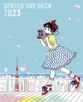 1girl 2023 black_eyes black_hair blue_sky blush bow camera cherry_blossoms colored_skin commentary emamemamo33 english_text falling_petals fingernails frilled_sleeves frills from_side full_body hair_bow holding holding_camera iridescent_hair looking_at_viewer nail_polish original petals polaroid_camera polka_dot polka_dot_bow red_bow red_shoes shirt shoes short_hair skirt sky sneakers socks solo striped_clothes striped_socks tokyo_(city) tokyo_tower white_shoes white_skin yellow_shirt