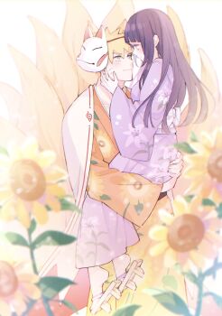 1boy 1girl blonde_hair blue_eyes blunt_bangs blunt_ends blurry blurry_foreground couple facial_mark floral_print floral_print_kimono flower fox_mask green_eyes hair_between_eyes hand_on_another&#039;s_cheek hand_on_another&#039;s_face hetero highres hime_cut hyuuga_hinata japanese_clothes kimono light_smile long_hair looking_at_another mask mask_on_head multiple_tails naruto_(series) naruto_shippuuden orange_kimono print_kimono purple_hair purple_kimono sandals short_hair sidelocks spiked_hair straight_hair sunflower tail ting uzumaki_naruto whisker_markings