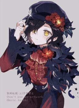 1boy androgynous black_hair black_hat brown_pants cowboy_shot edgar_valden edgar_valden_(multicolor_printing) eric_knikki expressionless feather_trim flat_cap flower frilled_shirt frills hair_over_one_eye hat hat_feather hat_flower identity_v male_focus nib_pen_(medium) official_alternate_costume pants pen_(medium) red_flower red_shirt shirt solo traditional_media twitter_username watermark wavy_hair