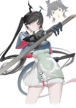 ! 1girl absurdres apron aqua_jacket arknights arknights:_endfield black_gloves black_hair blue_capelet blue_shirt capelet chen_qianyu_(arknights) commentary cow cropped_legs dragon_girl dragon_horns dragon_tail dual_wielding eastern_dragon_horns eastern_dragon_tail english_commentary gloves grey_eyes highres holding holding_sword holding_weapon horns jacket long_hair long_sleeves looking_at_viewer looking_down multiple_views paszuto reverse_grip shirt simple_background skirt sword tail twintails very_long_hair weapon white_background white_skirt