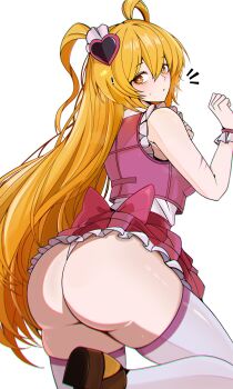 ! 1girl ass blonde_hair breasts brown_eyes commentary don_quixote_(project_moon) e.g.o_(project_moon) english_commentary frilled_skirt frills hair_ornament heart heart_hair_ornament highres in_the_name_of_love_and_hate_(e.g.o) large_breasts limbus_company long_hair m_ayonessa miniskirt notice_lines parted_lips pink_vest project_moon red_skirt shirt simple_background skirt sleeveless sleeveless_shirt solo thighhighs two_side_up very_long_hair vest white_background white_shirt white_thighhighs