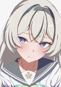 1girl absurdres aqua_eyes black_hairband blush closed_mouth firefly_(honkai:_star_rail) firefly_(spring_missive)_(honkai:_star_rail) ganetto29 grey_hair grey_sailor_collar hairband highres honkai:_star_rail honkai_(series) long_hair official_alternate_costume pout sailor_collar school_uniform simple_background solo white_background