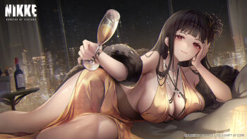 1girl alcohol bare_shoulders black_flower black_hair black_nails black_rose bottle breasts champagne_flute coat cocktail_dress commentary_request copyright_notice criss-cross_straps cup d_(killer_wife)_(nikke) d_(killer_wife)_(secret_party_cleaner)_(nikke) d_(nikke) dress drinking_glass earrings flower fur_coat goddess_of_victory:_nikke gold_dress gold_earrings hair_flower hair_ornament highres holding holding_cup jewelry large_breasts lying necklace official_alternate_costume official_art on_stomach ozzingo pendant red_eyes rose skyline solo wine wine_bottle wine_glass