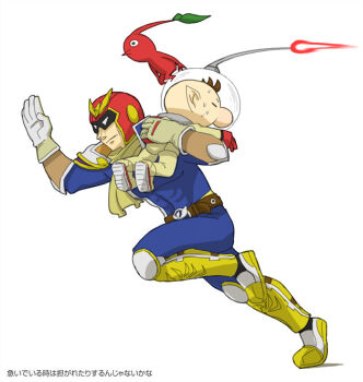 2boys anime_coloring annoyed armored_boots backpack bag belt belt_buckle big_nose bird black_eyes blue_bodysuit bodysuit boots bracer brown_belt brown_hair buckle captain_falcon carrying carrying_over_shoulder carrying_person closed_eyes closed_mouth collared_bodysuit colored_skin commentary_request covered_abs covered_pectorals creature_on_head crossed_belts determined f-zero gloves grey_gloves height_difference helmet high_collar knee_boots knee_pads leaf leg_up light_frown long_sleeves motion_blur multiple_boys naru_(wish_field) nervous_sweating nintendo olimar pectorals pikmin_(creature) pikmin_(series) pointy_ears pointy_nose red_bag red_gloves red_helmet red_pikmin red_skin running scarf shadow short_hair short_male simple_background single_hand spacesuit studded_belt super_smash_bros. sweat tight_clothes toned toned_male translation_request two-tone_gloves very_short_hair white_background yellow_boots yellow_gloves yellow_scarf