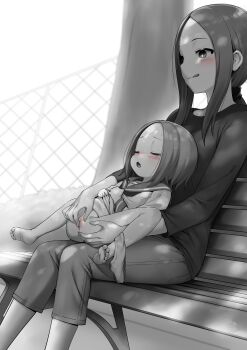 2girls :q age_difference babu bar_censor barefoot blush brown_hair censored closed_eyes clothed_female_nude_female commentary_request curled_fingers exhibitionism feet female_focus fingering flat_chest greyscale happy_sex highres incest karakai_jouzu_no_(moto)_takagi-san karakai_jouzu_no_takagi-san loli long_sleeves monochrome mother_and_daughter multiple_girls nishikata_chii nude older_female_and_younger_female onee-loli outdoors pants public_indecency public_nudity pussy short_hair sidelocks sitting soles spot_color spread_legs takagi-san toes tongue tongue_out yuri