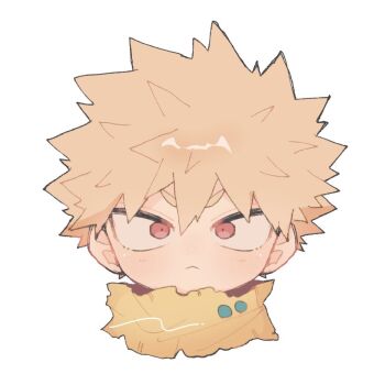 Rule 34 | 1boy, :<, bakugou katsuki, blonde hair, boku no hero academia, closed mouth, commentary request, cropped shoulders, hair between eyes, male focus, red eyes, scarf, simple background, solo, spiked hair, tm tm g, torn clothes, torn scarf, v-shaped eyebrows, white background, yellow scarf