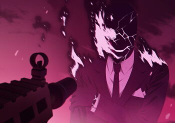 1boy 1girl aiming assault_rifle at_gunpoint bald black_gloves black_jacket black_necktie black_skin black_suit black_suit_(blue_archive) blue_archive burning_clothes collared_shirt colored_skin cracked_skin evil_smile flaming_eye formal_clothes game_cg gloves glowing glowing_eye gun hand_on_own_shoulder highres jacket male_focus necktie non-web_source official_art one-eyed red_sky rifle shiroko_terror_(blue_archive) shirt sig_sauer_556 sky sleeves_past_wrists smile spoilers suit suppressor weapon white_eyes white_shirt