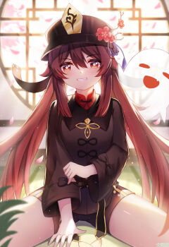 1girl absurdres black_coat black_hat black_shorts boo_tao_(genshin_impact) brown_hair chinese_commentary coat commentary_request dahe_zhuang_(yishi_fanhua) flower flower-shaped_pupils genshin_impact ghost grin hat hat_flower highres hu_tao_(genshin_impact) long_hair long_sleeves looking_at_viewer pink_flower red_eyes short_shorts shorts sitting smile symbol-shaped_pupils