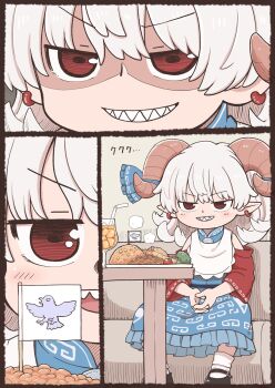 Rule 34 | 1girl, bib, black shoes, blue bow, blue dress, blush, bow, broccoli, brown horns, commentary request, croquette, cup, curled horns, curly hair, detached sleeves, dress, drinking straw, eagle spirit (touhou), earrings, flag, food, full body, grin, hair bow, highres, horns, jewelry, mary janes, medium hair, okosama lunch, omelet, omurice, plate, pointy ears, poronegi, red eyes, red sleeves, sharp teeth, shoes, shrimp, shrimp tempura, sitting, sleeveless, sleeveless dress, smile, socks, teeth, tempura, tomato, touhou, toutetsu yuuma, v-shaped eyebrows, white hair, white socks