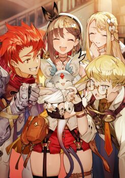 2boys 2girls :d absurdres anniversary atelier_(series) atelier_ryza atelier_ryza_2 beret blonde_hair bracelet brown_eyes brown_gloves brown_hair choker clover_hair_ornament commentary_request earrings fi_(atelier) floating_earrings gauntlets gloves goggles goggles_around_neck gold_hairband hair_ornament hairband hat highres indoors jacket jewelry key key_necklace klaudia_valentz leather leather_gloves lent_marslink long_hair multiple_boys multiple_bracelets multiple_girls necklace official_art open_mouth partially_fingerless_gloves pouch red_eyes red_hair red_shorts reisalin_stout semi-rimless_eyewear short_hair short_shorts shorts single_thighhigh sleeveless sleeveless_jacket smile star_(symbol) star_choker star_earrings tao_mongarten thigh_pouch thigh_strap thighhighs toridamono white_hat x_hair_ornament yellow_jacket