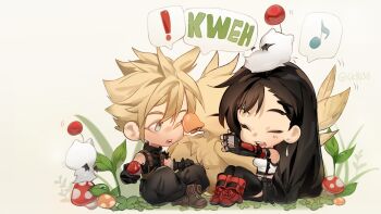 Rule 34 | !, 1boy, 1girl, 4k1030, absurdres, armor, baggy pants, bird, black gloves, black hair, black pants, black skirt, black thighhighs, blonde hair, blue eyes, boots, chocobo, closed eyes, cloud strife, commentary, crop top, earrings, english commentary, final fantasy, final fantasy vii, final fantasy vii rebirth, final fantasy vii remake, fingerless gloves, full body, gloves, highres, jewelry, knees up, long hair, looking at another, miniskirt, moogle, motion lines, mushroom, musical note, on head, one eye closed, open mouth, pants, red boots, revision, short hair, shoulder armor, single arm guard, single bare shoulder, single earring, sitting, skirt, sleeveless, sleeveless turtleneck, spiked hair, spoken exclamation mark, spoken musical note, sweater, tank top, teardrop earrings, thighhighs, tifa lockhart, turtleneck, turtleneck sweater, twitter username, white tank top