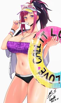 1girl absurdres antenna_hair bikini black_hair black_shirt blue_nails breasts cleavage dated eyewear_on_head food food_in_mouth highres holding holding_food holding_popsicle innertube jewelry large_breasts mismatched_bikini multicolored_hair nail_polish necklace open_clothes open_shirt pink_hair ponytail popsicle popsicle_in_mouth purple_eyes purple_nails shirt signature simple_background solo strapless strapless_bikini streaked_hair sunglasses super_robot_wars super_robot_wars_y swim_ring swimsuit tsukinowa_forte tube_top two-tone_hair visor_cap white_background yoo_tenchi