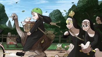 >_< 4girls animal animal_on_head arrow_(symbol) baby_animal bag banana barn_owl basket bicycle bird bird_on_head black_footwear blonde_hair blue_eyes blue_sky box brown_eyes brown_hair chicken chicken_feet chocolate_chip_cookie closed_eyes clumsy_nun_(diva) collar commentary cookie day diva_(hyxpk) doll duck duckling ear_tag english_commentary fence food frog froggy_nun_(diva) fruit glasses glasses_nun_(diva) habit helmet highres holding holding_basket holding_on hungry_nun_(diva) in_box in_container lamb leaf little_nuns_(diva) long_sleeves mother_and_child motion_blur mouth_hold multiple_girls nun on_head open_mouth ostrich outdoors owl riding round_eyewear running sheep shoes shoulder_bag sign skateboard sky slice_of_life smile spread_wings star_(symbol) stone stuffed_animal stuffed_frog stuffed_toy sweat tongue tongue_out traditional_nun tree triangle_mouth