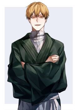 1boy black_hair blonde_hair border colored_tips cowboy_shot crossed_arms ear_piercing earrings hair_between_eyes highres japanese_clothes jewelry jujutsu_kaisen looking_at_viewer male_focus multicolored_hair multiple_piercings open_mouth outside_border piercing short_hair solo streaked_hair teeth two-tone_hair white_border xingkon818 yellow_eyes zen&#039;in_naoya