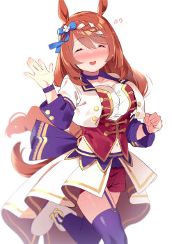 1girl absurdres animal_ears blue_bow blush bodice boots bow braid breasts brown_hair choker closed_eyes collarbone commentary_request corset cropped_jacket ear_bow facing_viewer garter_straps goshichi_shoji hair_between_eyes highres horse_ears horse_girl horse_tail jacket large_breasts long_hair midriff_peek multicolored_hair navel open_mouth overskirt purple_choker purple_garter_straps purple_thighhighs red_corset red_shorts shirt shorts simple_background smile solo starting_future_(umamusume) streaked_hair super_creek_(umamusume) tail thighhighs umamusume very_long_hair waving white_background white_boots white_hair white_jacket white_shirt wristband