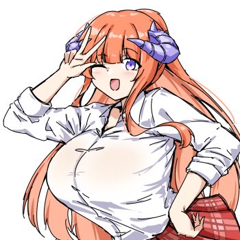 1girl absurdres alternate_breast_size_(larger) alternate_costume arknights bagpipe_(arknights) breasts collared_shirt commentary_request dragon_horns hand_up highres horns huge_breasts leaning_forward long_hair long_sleeves looking_at_viewer miniskirt one_eye_closed open_mouth orange_hair plaid_clothes plaid_skirt pleated_skirt purple_eyes purple_horns shirt simple_background skirt smile solo upper_body white_background white_shirt xibu_cai