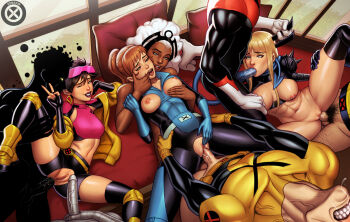 2dswirl 5boys anal anus bisexual_male black_skin blonde_hair blue_skin bodysuit breast_cutouts brown_hair clenched_teeth clitoral_stimulation clothing_cutout colored_skin colossus_(x-men) commentary crotch_cutout cyclops_(x-men) english_commentary fellatio finger_in_another's_mouth grey_skin group_sex head_back head_out_of_frame highres imminent_penetration imminent_vaginal jubilee kitty_pryde magik_(x-men) male_pubic_hair marvel multiple_boys muscular muscular_female muscular_male nightcrawler oral orgy pink-tinted_eyewear pubic_hair pussy spitroast storm_(x-men) sunglasses sunspot_(x-men) superhero_costume tail tail_around_neck teeth tinted_eyewear v vaginal wolverine_(x-men) x-men