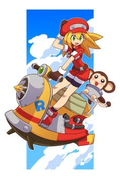 1girl :d belt bike_shorts bike_shorts_under_shorts blonde_hair brown_gloves newsboy_cap cloud cloudy_sky data_(mega_man) full_body gloves green_eyes handlebar hat highres hover_scooter hover_vehicle jacket jumpsuit long_hair looking_down mega_man_(series) mega_man_legends_(series) mega_man_legends_3 monkey omeehayo open_mouth red_headwear red_jumpsuit red_shorts roll_caskett_(mega_man) short_sleeves shorts sky smile