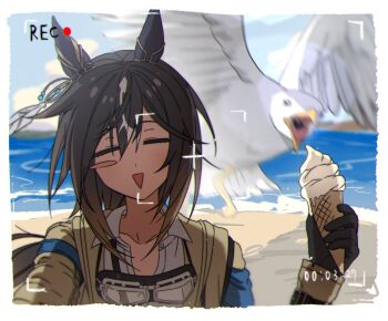 1girl :d animal_ears beach bird black_gloves blush_stickers brown_hair closed_eyes day feather_hair_ornament feathers gloves goggles goggles_around_neck hair_between_eyes hair_ornament highres horse_ears horse_girl ice_cream_cone long_hair ocean open_mouth outdoors recording seagull selfie single_blush_sticker smile solo sso_hungny stay_gold_(umamusume) timestamp triangle_mouth umamusume upper_body viewfinder