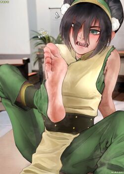 1girl artist_name barefoot black_hair blind blurry blurry_background bubmoni chinese_clothes dirty dirty_feet feet foot_focus foot_out_of_frame green_eyes green_pants hair_bun hair_over_one_eye highres indoors open_mouth pants sitting soles solo teeth toes toph_beifong torn_clothes