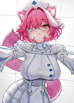 1girl absurdres alternate_costume alternate_hairstyle animal_ears breasts commentary crinoline dress english_commentary extra_ears girl_on_top h4kuuua_0 hair_intakes hat highres hololive hololive_english large_breasts long_sleeves looking_at_viewer nurse_cap panther_ears panther_girl panther_tail parted_lips pink_hair pov raora_panthera short_hair sleeve_garter solo tail turtleneck virtual_youtuber white_dress white_hat white_streaks yellow_eyes