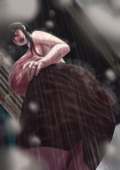 1girl akai_melon ass bare_shoulders black_hair blush breasts dress earrings from_below gold_earrings hairband highres huge_ass huge_breasts jewelry long_hair mature_female open_mouth outdoors rain red_eyes ring see-through_clothes sexually_suggestive shirt sidelocks solo spy_x_family surprised water water_drop wedding_ring wet wet_clothes wet_hair wet_shirt white_hairband yor_briar