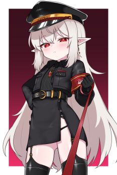 1girl absurdres black_gloves commentary commission english_commentary garter_straps gloves hat highres leash long_hair original pointy_ears red_eyes solo thighhighs variant_set zing_(z_z_zing)