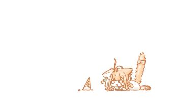 1girl ahoge animal_ears arknights blue_dress brown_hair cat_ears cat_girl cat_tail chibi commentary_request dress food ice_cream ice_cream_cone lying o_o on_stomach papyrus_(arknights) parted_lips simple_background solo spill stiff_tail tail teardrop white_background yatagae_(yatuno_llc)