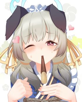 1girl absurdres animal_ears apron blue_archive blue_halo blue_kimono blush clenched_hand closed_mouth commentary_request dog_ears dog_girl fingernails floppy_ears food food_in_mouth foreshortening frilled_apron frills furrowed_brow grey_background grey_hair hair_between_eyes hair_ribbon halo hands_up heart highres incoming_pocky_kiss japanese_clothes jungandang kimono looking_at_viewer low_twintails maid maid_apron maid_headdress one_eye_closed pocky pocky_day pocky_in_mouth red_eyes ribbon shy solo straight-on sun sweatdrop twintails umika_(blue_archive) upper_body wa_maid white_apron yellow_ribbon