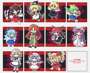 6+girls apron ascot bat_wings beret black_bow black_shoes black_skirt black_vest blonde_hair blue_bow blue_dress blue_hair blue_skirt blue_vest book bow braid broom broom_riding brown_shoes chibi chibi_only cirno closed_mouth collared_shirt commentary_request crescent crescent_hat_ornament crystal crystal_wings daiyousei demon_wings detached_wings dress embodiment_of_scarlet_devil fairy fairy_wings fang fang_out fangs flandre_scarlet flower frilled_shirt_collar frills frown full_body gohei green_bow green_hair green_hat green_skirt green_vest grey_hair grin hair_bow hair_ribbon hair_tubes hakurei_reimu hat hat_bow hat_ornament hat_ribbon head_wings highres holding holding_book holding_flower holding_gohei holding_weapon hong_meiling ice ice_wings izayoi_sakuya kirisame_marisa koakuma laevatein_(touhou) long_hair long_sleeves looking_at_viewer maid maid_headdress mary_janes medium_hair mob_cap multicolored_wings multiple_girls official_alternate_costume one_eye_closed one_side_up open_mouth outstretched_arms patchouli_knowledge pinafore_dress pink_dress pointy_ears puffy_short_sleeves puffy_sleeves purple_eyes purple_hair re_ghotion red_ascot red_bow red_eyes red_hair red_ribbon red_skirt red_vest remilia_scarlet ribbon ribbon-trimmed_skirt ribbon_trim rumia shirt shoes short_sleeves siblings side_braid single_braid sisters skirt skirt_set sleeveless sleeveless_dress smile socks spread_arms star_(symbol) star_hat_ornament touhou twin_braids vest waist_apron weapon white_apron white_bow white_hat white_shirt white_skirt white_socks wings witch_hat yellow_ascot