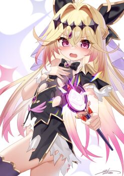 1girl absurdres antenna_hair blonde_hair blush breasts chinese_commentary commentary commentary_request cure_arcana_shadow english_commentary gradient_hair hair_intakes has_bad_revision has_downscaled_revision highres loli long_hair looking_at_viewer magical_girl md5_mismatch meitantei_precure! mixed-language_commentary moria_luluka multicolored_hair partial_commentary pink_hair precure resolution_mismatch small_breasts solo source_smaller torn_clothes wand zds