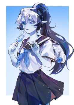 Rule 34 | 1girl, alternate costume, alternate hairstyle, aqua sclera, asymmetrical eyelashes, blue eyes, blue skin, colored sclera, colored skin, cookie run, cookie run: kingdom, food, heterochromia, holding, holding food, holding popsicle, hyuni7777, long hair, looking at viewer, ponytail, popsicle, school uniform, shadow milk cookie, shadow milk cookie (female), simple background, slit pupils, solo, very long hair, white hair